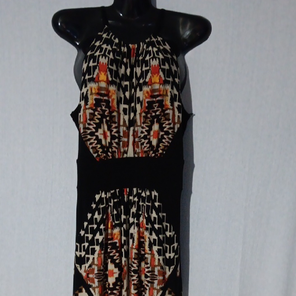 London Style Collection Black Orange Geometric Maxi Sun Boho Abstract Dress S